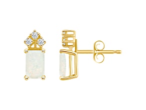 6x4mm Emerald Cut Opal with Diamond Accents 14k Yellow Gold Stud Earrings