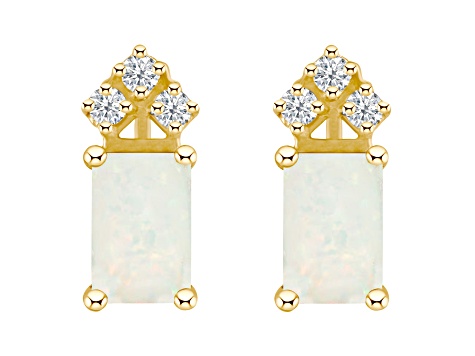 6x4mm Emerald Cut Opal with Diamond Accents 14k Yellow Gold Stud Earrings