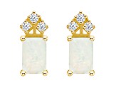 6x4mm Emerald Cut Opal with Diamond Accents 14k Yellow Gold Stud Earrings