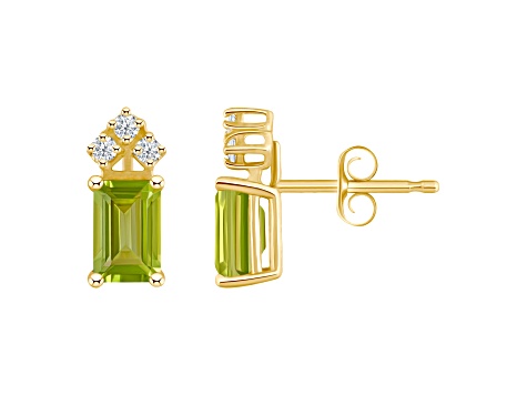 6x4mm Emerald Cut Peridot with Diamond Accents 14k Yellow Gold Stud Earrings