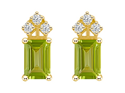 6x4mm Emerald Cut Peridot with Diamond Accents 14k Yellow Gold Stud Earrings