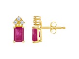 6x4mm Emerald Cut Ruby with Diamond Accents 14k Yellow Gold Stud Earrings