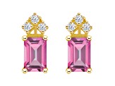 6x4mm Emerald Cut Pink Topaz with Diamond Accents 14k Yellow Gold Stud Earrings