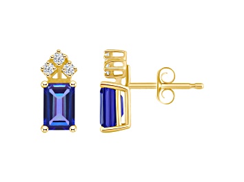 Picture of 6x4mm Emerald Cut Tanzanite with Diamond Accents 14k Yellow Gold Stud Earrings