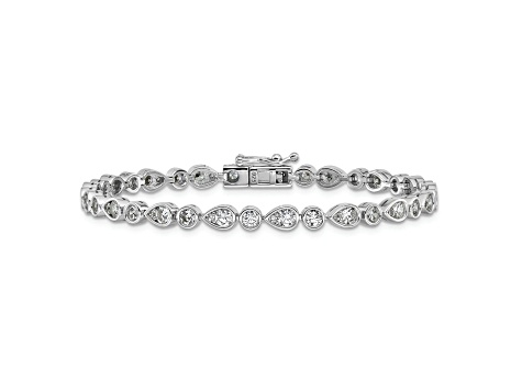 Rhodium Over Sterling Silver Polished Bezel Set Round and Pear Cubic Zirconia Bracelet
