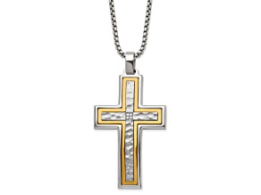 White Cubic Zirconia Stainless Steel Yellow IP-plated Men's Cross Pendant with Chain