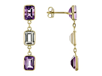 Picture of Amethyst and White Topaz 7x5mm Rectangular Octagonal 14K Yellow Gold Dangle Earrings