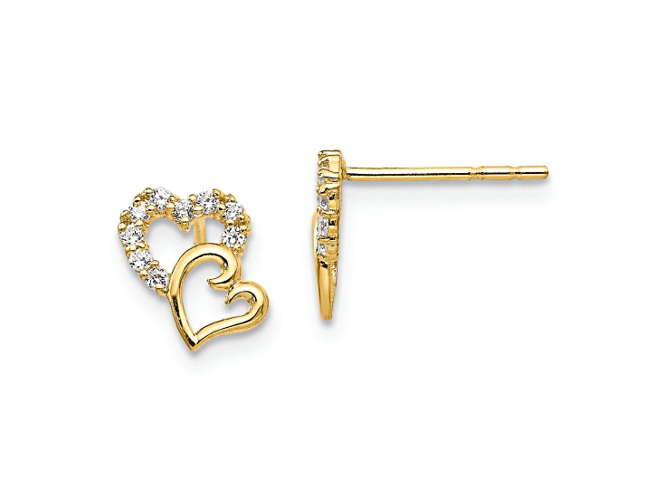 14k Yellow Gold Children's Cubic Zirconia Double Heart Stud Earrings