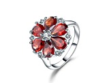 Pear Shape Garnet and Round White Cubic Zirconia Sterling Silver Blooming Flower Design Ring