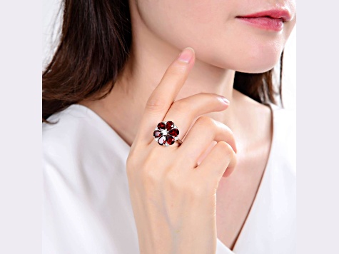 Pear Shape Garnet and Round White Cubic Zirconia Sterling Silver Blooming Flower Design Ring