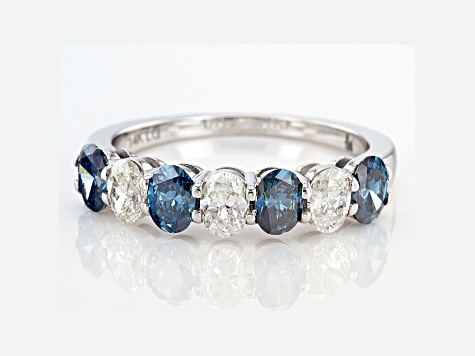 Oval blue and white lab-grown diamond 14kt white gold band ring 1.50ctw