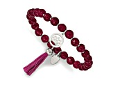 Stainless Steel Polished Lotus with Tassel Pink Jade Beaded Stretch Bracelet