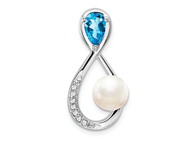 Rhodium Over 10k White Gold Infinity Chain Slide with 1.97ctw Swiss Blue Topaz, FWC Pearl, Diamond