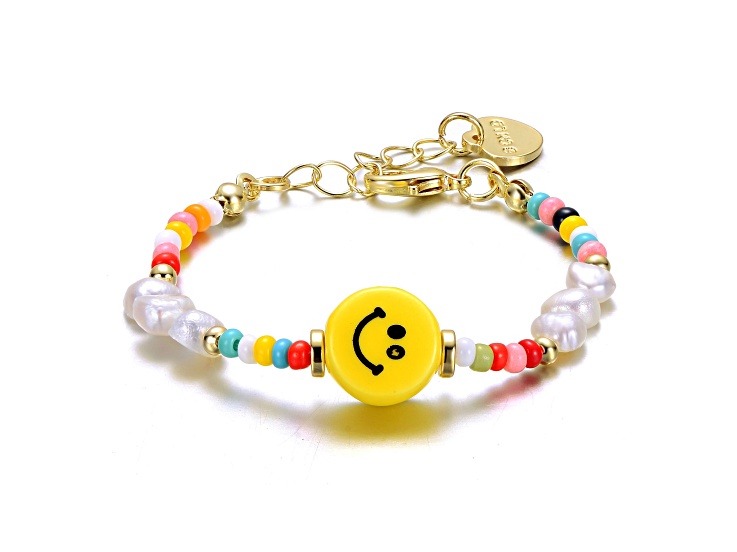 Kids 14k Gold Plated over Brass with Beads, Freshwater Pearls & Smiley Charm Bracelet