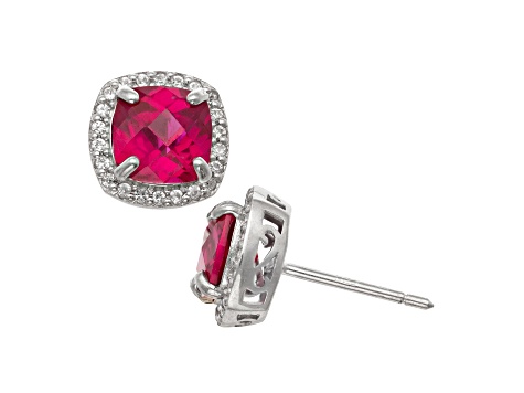 Lab Created Ruby Sterling Silver Halo Stud Earrings 3.04ctw