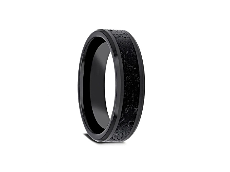 VESUVIUS Men's Polished Black Ceramic Band with Lava Rock Stone Inlay & Polished Beveled Edges 6mm