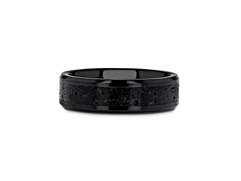 VESUVIUS Men’s Polished Black Ceramic Band with Lava Rock Stone Inlay & Polished Beveled Edges 6mm