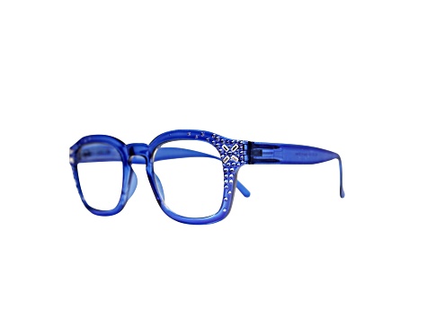 Blue Crystal Square Frame Blue Light Reading Glasses. Strength 1.50