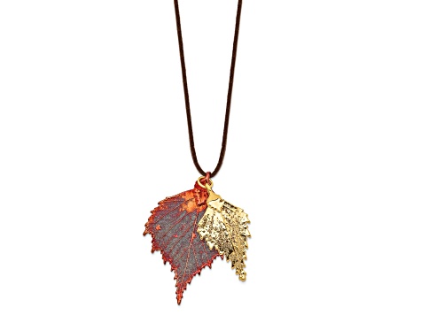 Iridescent Copper and 24k Yellow Gold Dipped Double Birch Leaf Necklace