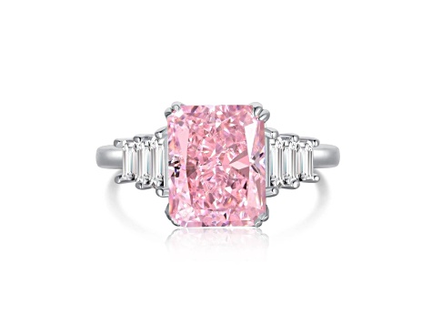 Radiant Cut Pink and Baguette White Cubic Zirconia Sterling Silver Ring
