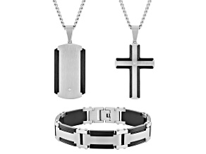 Diamond Accent Two-Tone Stainless Steel Dog Tag, Cross Pendant, & Bracelet Set