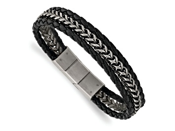 Picture of Black Leather and Stainless Steel Antiqued and Brushed 8.25-inch with 0.5-inch Extension Bracelet