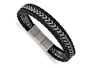 Black Leather and Stainless Steel Antiqued and Brushed 8.25-inch with 0.5-inch Extension Bracelet