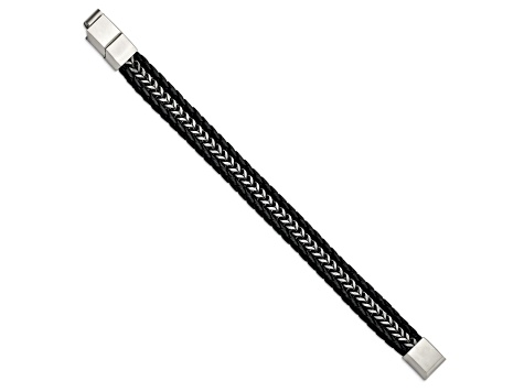 Black Leather and Stainless Steel Antiqued and Brushed 8.25-inch with 0.5-inch Extension Bracelet