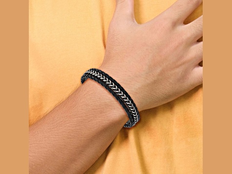 Black Leather and Stainless Steel Antiqued and Brushed 8.25-inch
