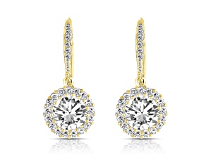 Clear Cubic Zirconia, 14k Gold Plated over Sterling Silver Haloed Drop Earrings