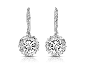 Clear Cubic Zirconia, Rhodium Plated over Sterling Silver Haloed Drop Earrings