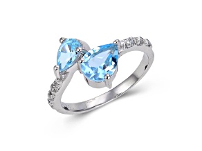 Pear Shape Blue Topaz with White Topaz Accents Sterling Silver Bypass Ring, 1.19ctw