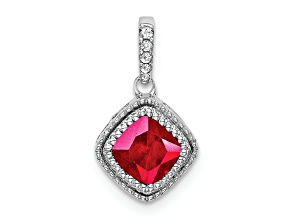 Rhodium Over 10k White Gold Beaded 0.45 cttw Cushion Ruby and 0.12 cttw Diamond Pendant