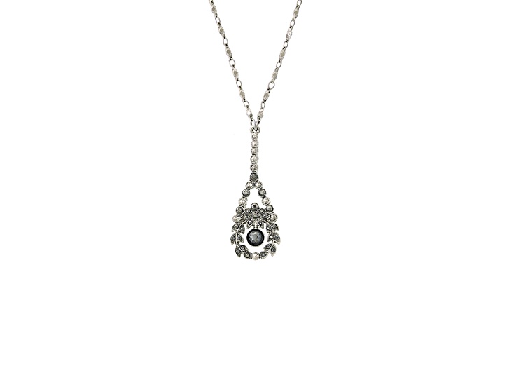 1928 Jewelry Silver Tone Hematite Color Crystal Pear Shape Drop Necklace