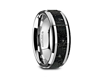 Picture of KILAUEA Men’s Polished Tungsten Wedding Band with Lava Rock Stone Inlay w/Polished Beveled Edges 8mm