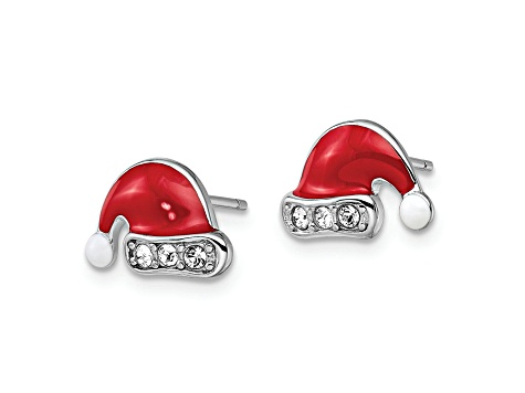 Rhodium Over Sterling Silver Enamel/Crystal Santa Hat Post Earrings