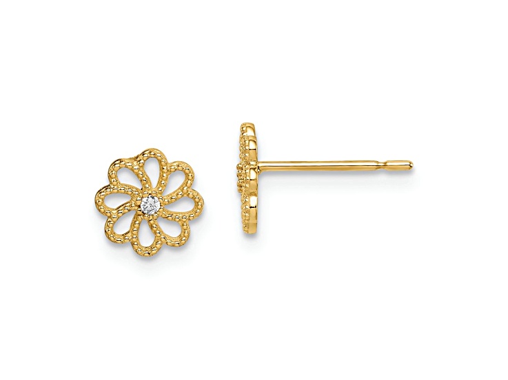 14k Yellow Gold Children's Textured Cubic Zirconia 7mm Flower Stud Earrings