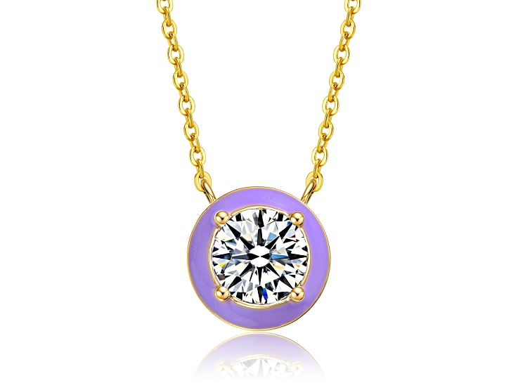 14K Yellow Gold Plated with Clear Cubic Zirconia & Purple Enamel Solitaire Necklace