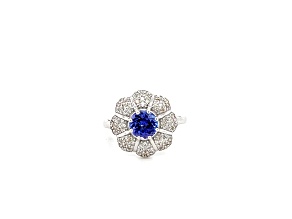 Round Tanzanite and White Diamond 10K White Gold Flower Ring