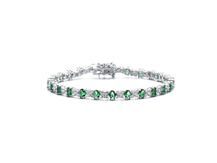 Emerald Green Cubic Zirconia, Rhodium Plated over Brass Tennis Bracelet