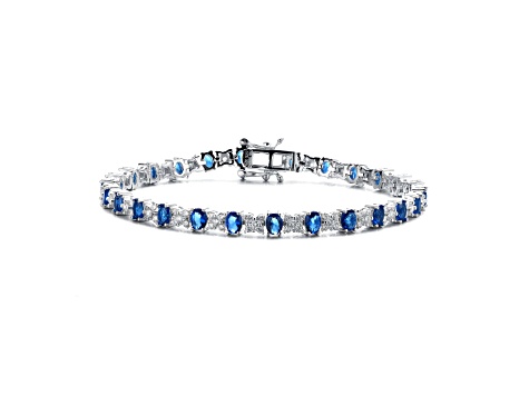 Sapphire Blue Cubic Zirconia, Rhodium Plated over Brass Tennis Bracelet