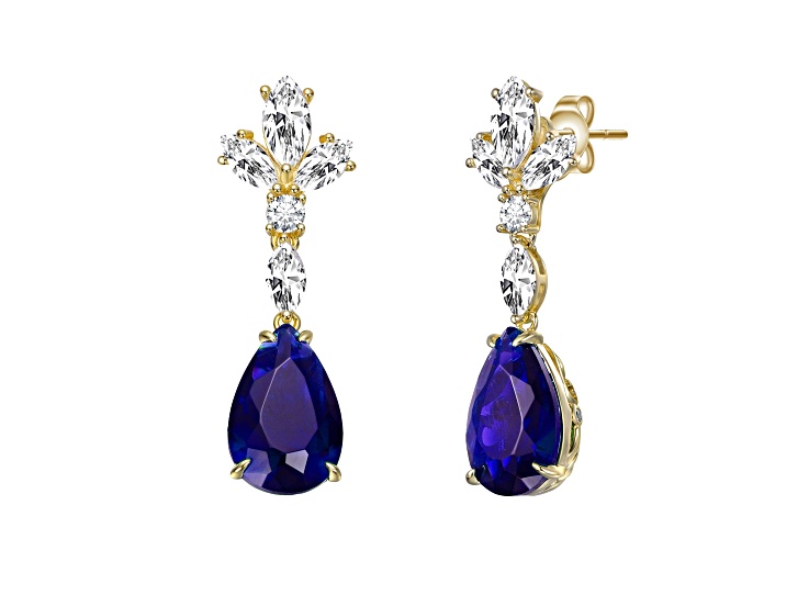 Blue Cubic Zirconia, 14K Yellow Gold Plated over Sterling Silver Cluster Dangle Earrings 19.29ctw