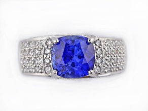 Cushion Blue Sapphire and White Diamond 18K White Gold Ring. 3.69 CTW