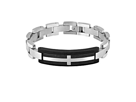 Mens Carbon Fiber and Stainless Steel with Black Leather Accent Cross Bracelet