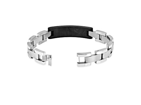 Mens Carbon Fiber and Stainless Steel with Black Leather Accent Cross Bracelet