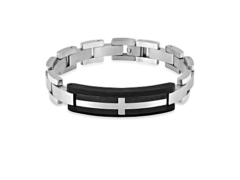 Mens Carbon Fiber and Stainless Steel with Black Leather Accent Cross Bracelet
