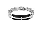Mens Carbon Fiber and Stainless Steel with Black Leather Accent Cross Bracelet