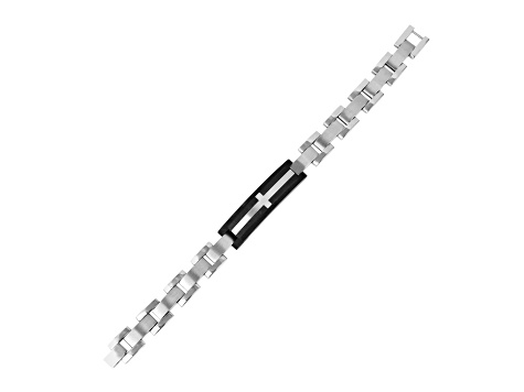 Mens Carbon Fiber and Stainless Steel with Black Leather Accent Cross Bracelet