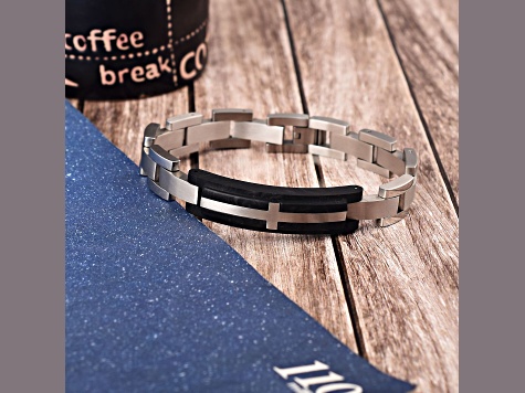 Mens Carbon Fiber and Stainless Steel with Black Leather Accent Cross Bracelet