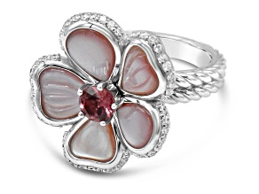 Judith Ripka Tourmaline, Mother-Of- Pearl & Bella Luce® Rhodium Over Sterling Textured Flower Ring